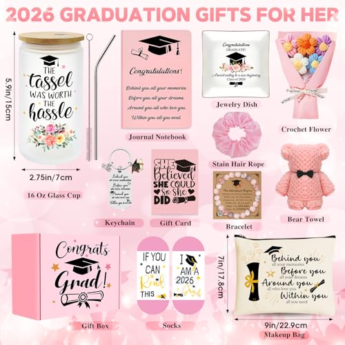 12 Pieces 2026 Graduation Gift Box Set, Class of 2026 Graduation Gift Basket with 16 Oz Glass, Socks, Bear Towel, Journal ...