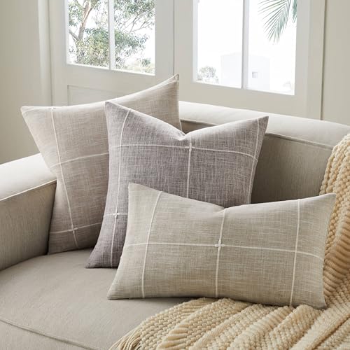 YZJZEDS 2 Packs Grid Embroidery Lumbar Throw Pillow Covers, 12x20 Inch Taupe, Farmhouse Linen Decorative Light Brown Cushi...