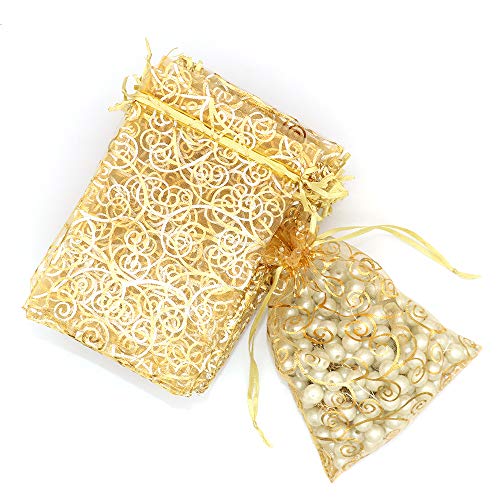 Staruby Organza Gift Bags 100Pcs Gold Sheer Organza Bag 4x6 Inch Mesh Favor Bags Drawstring Jewelry Rattan Printed Gift Po...