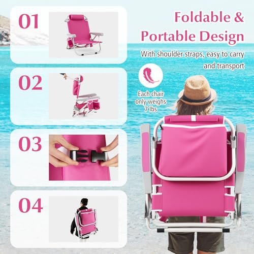 Goplus Beach Chair, 330lbs Folding Backpack Chairs for Adults with 5-Position Backrest, Storage Pockets, Towel Bar & Headr...