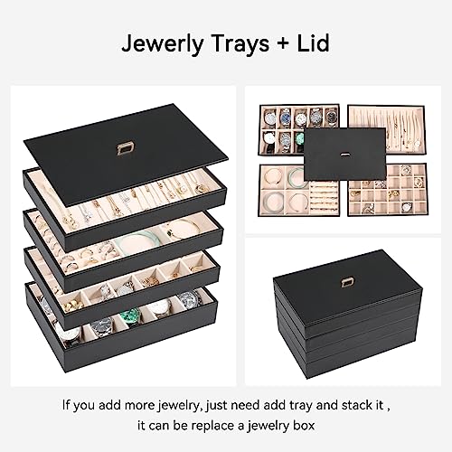Voova Stackable Jewelry Organizer Tray with Lid, PU Leather Jewelry Storage Holder for Drawer Inserts, Jewellery Display B...