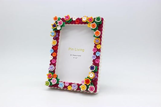 DIY Floral Building Block Photo Frame, 4x6 Inches, Decorative Colorful Flower Border, Desktop and Wall Mount