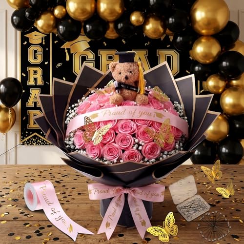 Gilprop 25 Pcs Graduation Flower Bouquet Accessories 2026 with 1 Bear 10 Floral Wrapping Paper 1 Ribbon 12 Butterfly Decor...
