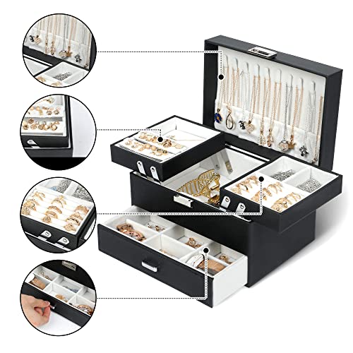 Dajasan Jewelry Organizer Box, Large Jewelry Boxes for Women Girls, Space-Saving 3 Layers Jewelry Storage Case with Drawe...