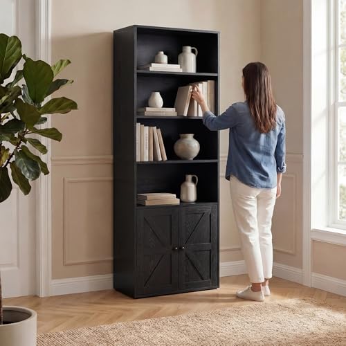 YESHOMY Farmhouse Bookshelf and Bookcase with Doors, Industrial Bookshelves and Bookcases Floor Standing Display 6-Tier Sh...