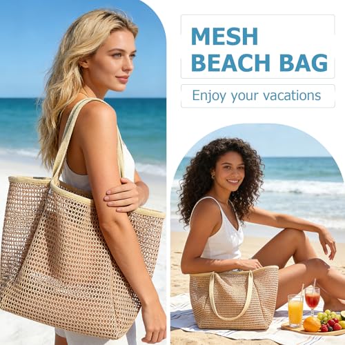 Iioscre Beach Bag for Women, Causal Hobo Pool Bags with Zipper Inner Pocket, Foldable Swim Tote Bag for Vacation Essentials