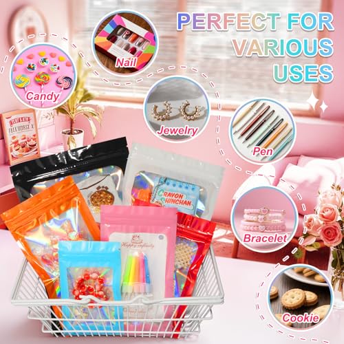 ANZNKU 100 Pack Holographic Bags, Smell Proof Packaging Bag, Clear Window Resealable Goodie Pouch Mylar Bags for Food Stor...