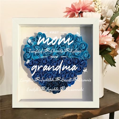 Wasetell Personalized First Mom Now Grandma Rose Flower Shadow Box with Name Mother's Day Heart-Shaped Frame Personalize G...