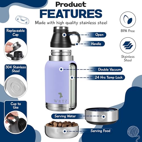 WRTZ Portable Dog Water Bottle with 2 Removable Water Bowls for Dogs – Leak-Proof Insulated Stainless Steel Dog Water Bott...