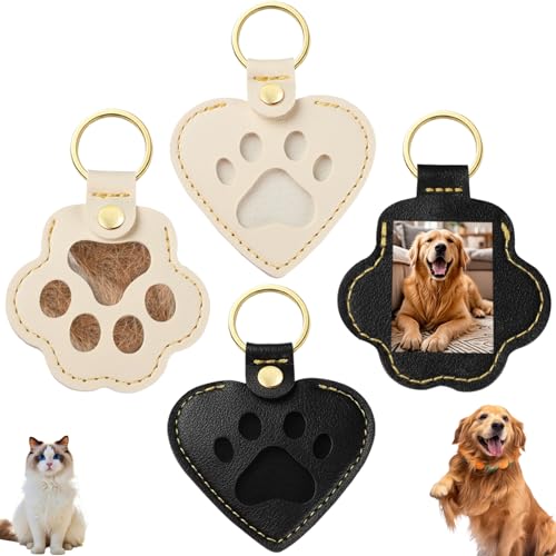 LONANSHO Pet Hair Keychain Keepsake: 2 Heart & 2 Paw Shaped Leather Keychains - Memorial Gift for Dog Cat Owners