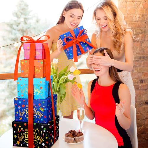 Geyoga 5 Pcs Birthday Gift Boxes Square Nesting Boxes with Lids Square Box 5 Assorted Sizes Stackable Gift Box for Birthda...