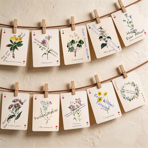 54 PCS Personalized Wedding Guest Book Alternative, Floral Wedding Guest Playing Cards Set with Wooden Openwork Storage Bo...