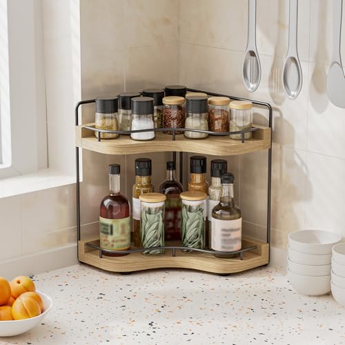 2-Tier Corner Bathroom Counter Organizer with Embedded Screw Holes, Secure & Stable Wood Vanity Shelf for Makeup and Skinc...
