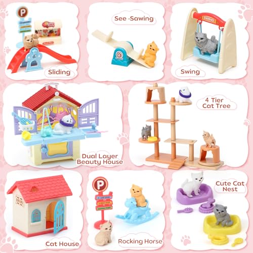 Golray 66Pcs Cat Toys for Kids Girls, 3 In 1 Pet Pretend Play Toys with 9 Cat Figurine/DIY Cat Tree/Beauty House/Playgroun...