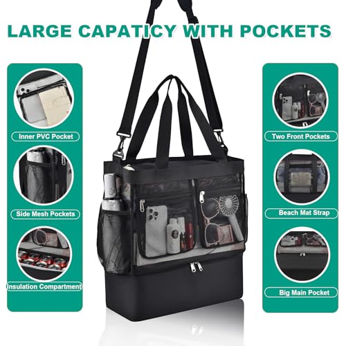 Beach Bags for Women, Large Beach Tote Bag Waterproof Mesh Swim Pool Bag with Cooler for Travel Vacation Essentials