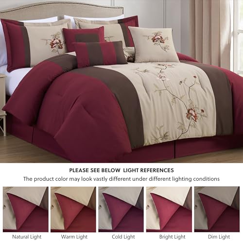 Chezmoi Collection Vienna 7-Piece Embroidered Floral Comforter Set (King, Burgundy Taupe Brown)