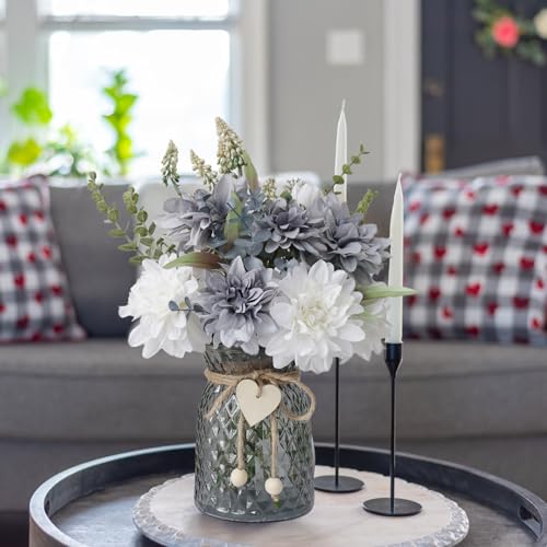 SHINFHOMF Fake Flowers in Vase,8 Dahlias,Silk Artificial Flowers in Vase,Centerpiece Table Decorations,Faux Flowers in Vas...