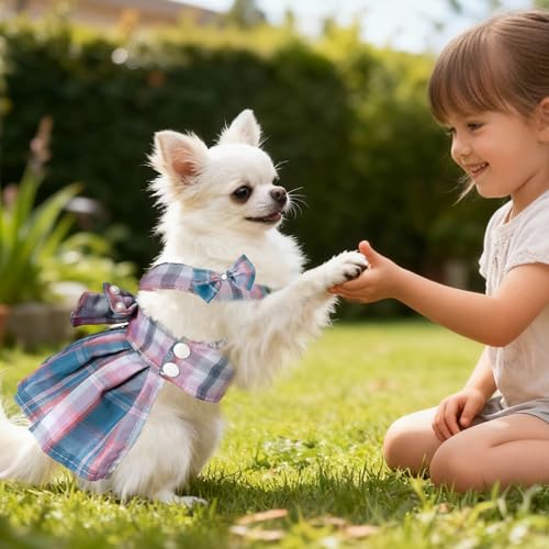 Dog Dress Bowknot Harness Leash Set for Small Dogs Girl Cute Plaid Dog Dress Pearls Bow Tie Spring Summer Princess Clothes...