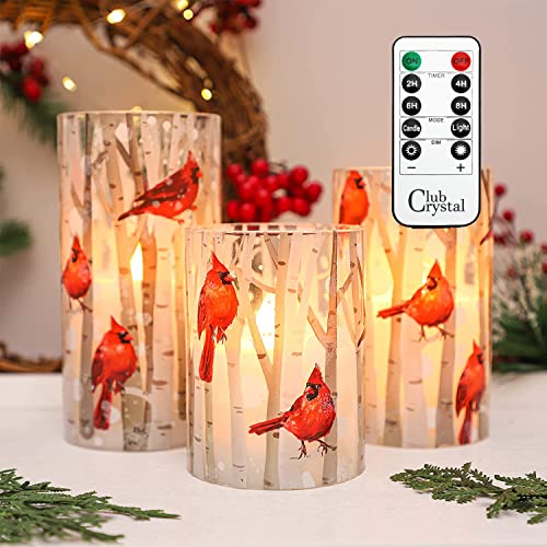 Crystal Club Flameless Candles, Cardinal Theme, (Set of 3) Battery Operated LED Candles with Remote, Real Wax & Glass Effe...