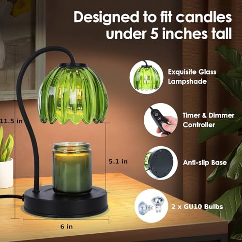 Dimmable Flower Candle Warmer Lamp with Timer, Aromatherapy Candle Lamp for Scented Candles, Modern Green Glass Candle Lam...