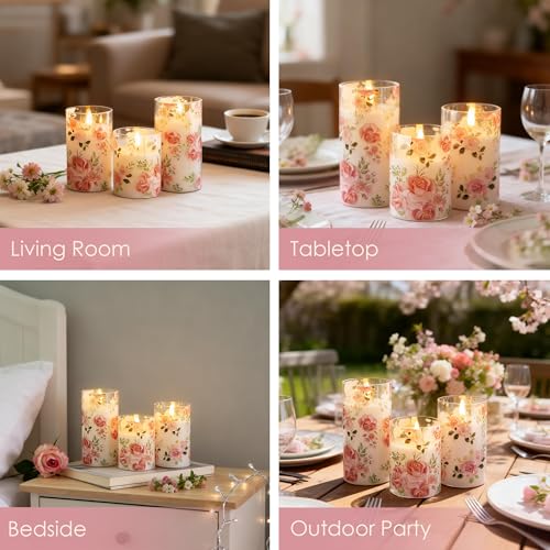 LUSHARBOR Flameless Candles with Remote, Battery Operated Glass Candles Pink Rose Flickering LED Candles Real Wax Floral C...