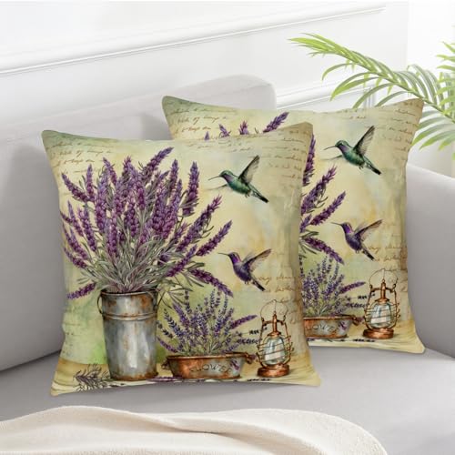 Kwlegh Lavender Pillow Covers Purple Flower Rustic Pillow Covers 18x18 Set of 2 Lavender Hummingbird Pillow Case Spring Vi...