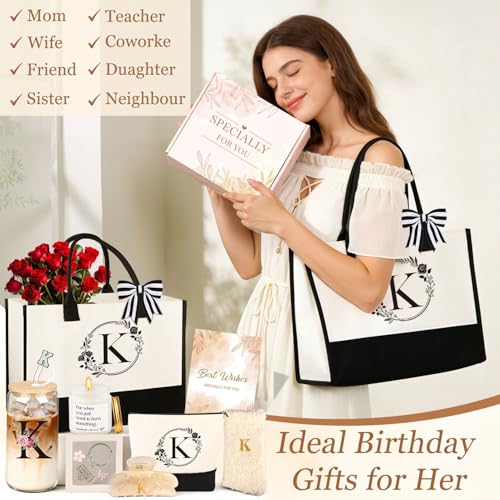 Birthday Gifts for Women, 10pcs Monogrammed Gifts for Women Initial Canvas Tote Bag, Makeup Bag, Glass Cup, Hair Clip, Can...