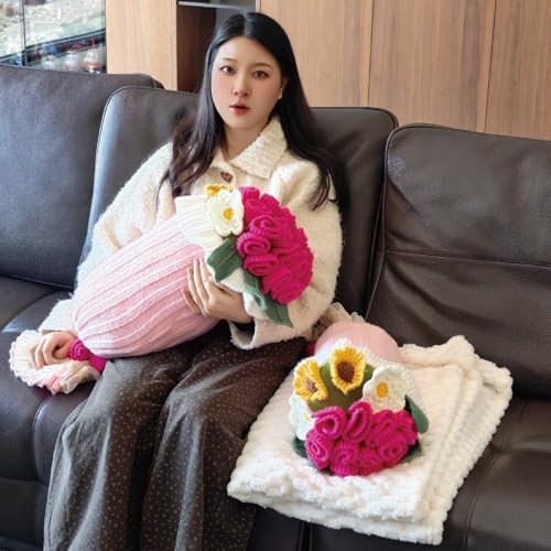 SoffMoiis 2-in-1 Crochet Flower Bouquet Throw Pillow with Blanket, Pillow Cover Holds a Soft White Blanket for Couch, Roma...