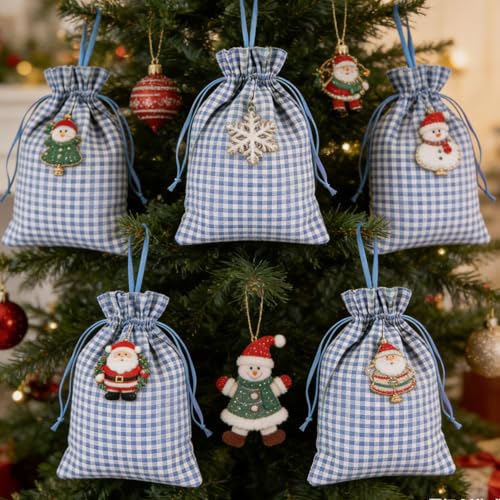 Meseey 5 Pcs Buffalo Plaid Burlap Gift Bags with Drawstring (6Wx8L, Blue-White Plaid) Reusable Gingham Sacks Gift Pouch Ba...