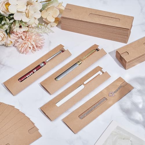 NBEADS 120 Pcs Kraft Pen Gift Boxes, Burlywood Slip-in Pen Packaging Box with Clear Window for Pencil Ballpoint Fountain P...