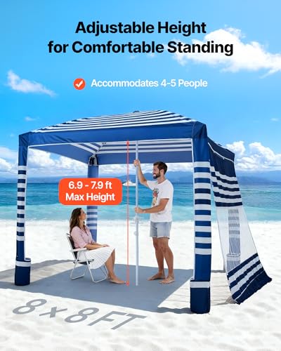 VEVOR Beach Cabana, 8 x 8 ft Beach Canopy with Side Wall, UPF 50+ Protection Easy Setup Cabana Tent with Sand Pockets, Adj...