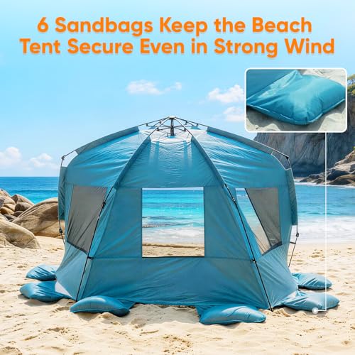 Golabs BT1 Pop up Beach Tent Sun Shelter for 3-Person, 1-Minute Setup by Pre-Attached Pole & UPF 50+, Beach Shade with Det...