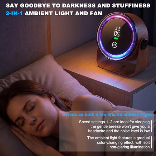 Small Desk Fan 5000mAh Rechargeable Battery Powered -Retro Low Noise Quiet Portable Gentle Blowing with LED Night Light Of...