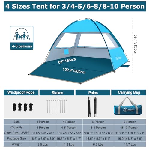 COMMOUDS Beach Tent Sun Shade for 3/4/6/8 Person, UPF 50+ Beach Sun Shelter Canopy Tent, Lightweight, Easy Set Up and Carry