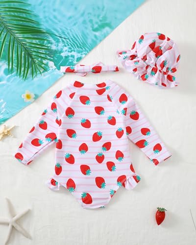Yhnslsf Baby Swimsuit Girl Summer One-Piece Infant Bathing Suit with Hat Long Sleeve Ruffle Zipper Rash Guard Beach Swimwear