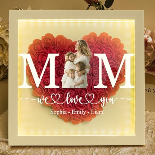 Personalized Photo Mom We Love You Flower Shadow Box with LED Light, Mothers Day Display Case Shadow Box Frame with Name f...
