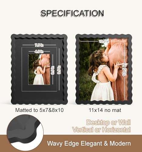 ScandiNest Scalloped 11x14 Picture Frame, Real Glass Wood Frame with Reversible Mat for 5x7/8x10 Prints, Wavy Edge for Wal...