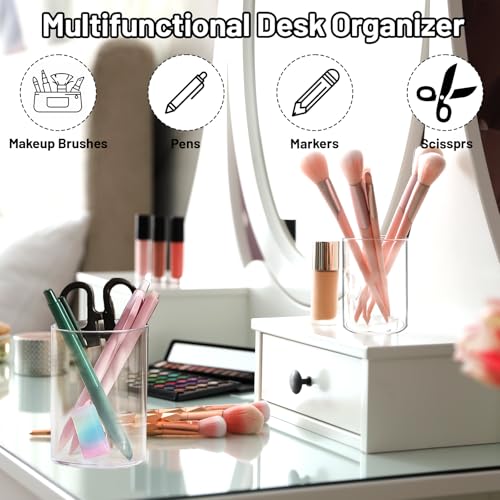 2 Pcs Pen Holder Acrylic Cylinder Container Stylish Clear Acrylic Desk Organizer Round Makeup Brush Storage Desktop Pencil...