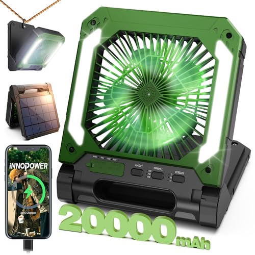 20000mAh Portable Fan Rechargeable with Solar Panel 2-in-1, 3 Speeds Cordless Battery Powered Fan with Led Lantern,Timer, ...