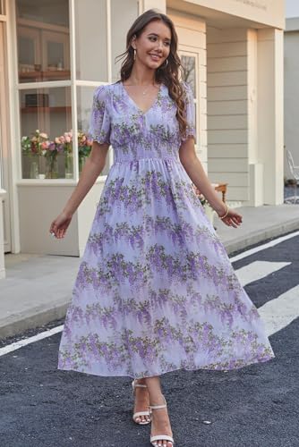 Women's Floral Maxi Dress Flowy V Neck Empire Waist Summer Wedding Guest Party Casual Chiffon Dress