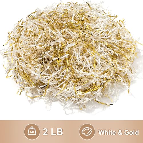 Wowxyz 2 LB Crinkle Cut Paper Shred White & Gold Gift Box Filler - Baskets Stuffing Shredded Paper Confetti for Christmas,...