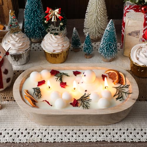 Conelist Rustic Christmas Wood Dough Bowl Candle Table Decor Cabin Bowl Soy Candle Included Dried Oranges, Cranberry, Pine...
