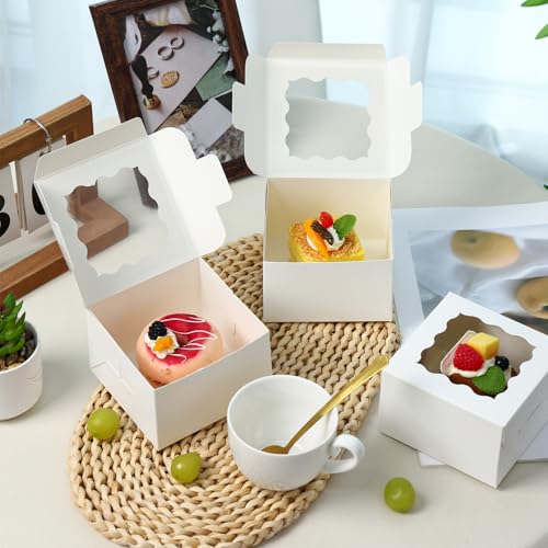 Moretoes 50pcs White Cookie Boxes with Window, 4x4x2.5 Inches Bakery Boxes with 5pcs Stickers for Small Cookies, Treats, D...