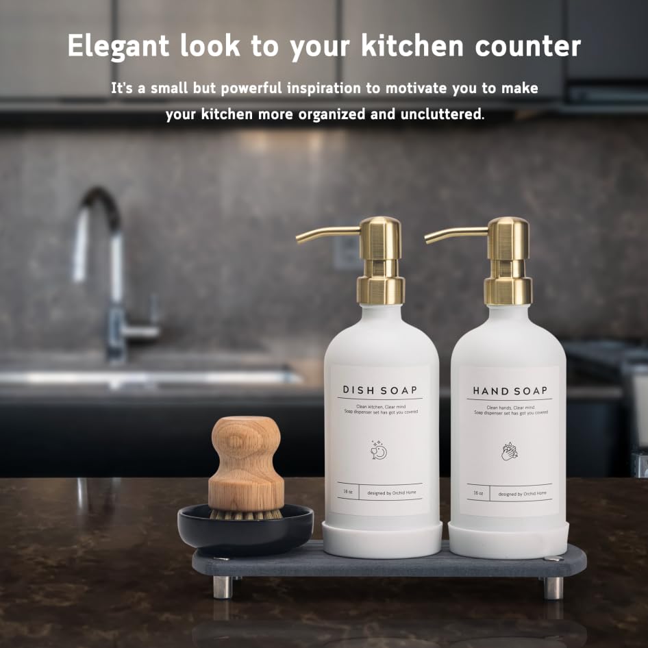 [Luxury] Kitchen Soap Dispenser Set - 16OZ White Glass Bottle, Stainless Steel Pump, Instant Dry Tray, Waterproof Labels, ...