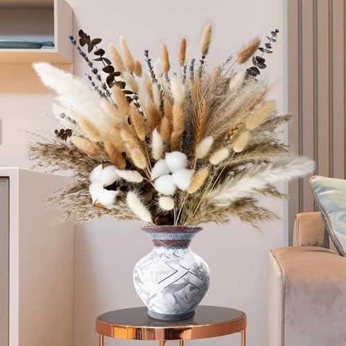 Natural Dried Flower Bouquet - Pampas Grass, Cotton Stems, Bunny Tails, Eucalyptus, Lavender & Wheat - Rustic Boho Decor f...
