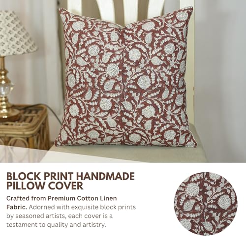 Fabritual Handmade Pillow Covers Block Print 16X16 Inch Cotton Linen Throw Decorative Pillowcase Cushion Cover for Sofa, C...