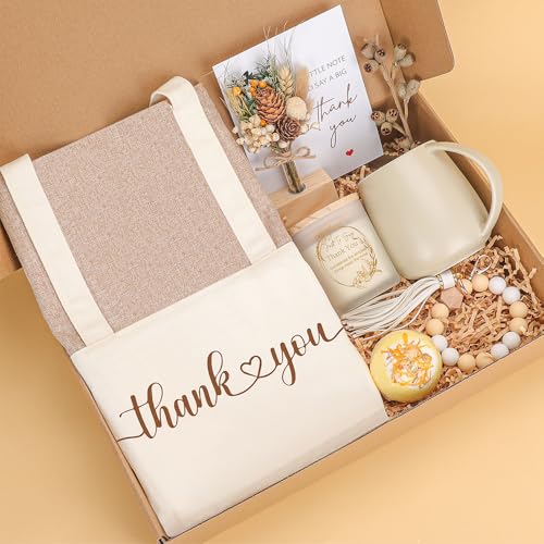 Thank You Gift for Women ,Appreciation Gift Set with Canvas Tote Bag, Ceramic Mug, Scented Candle, Bath Bomb, Dried Flower...
