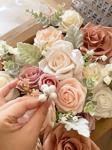 FACINOC Pink Rose Artificial Flowers Dusty Fake Flower with Stems Bulk for DIY Wedding Bouquets Bridal Baby Shower Centerp...