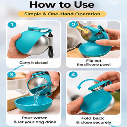 2 in 1 Portable Tumbler for Dogs, 2026 New 10Oz Stainless Steel Dog Water Bottle with Silicone Foldable Bowl, Leak-Proof 2...