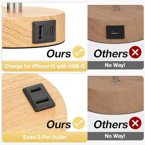 Fenmzee Bedside Table Lamp for Bedroom - 3 Way Dimmable Touch Lamp USB C Charging Ports and AC Outlet, Small Lamp Wood Bas...
